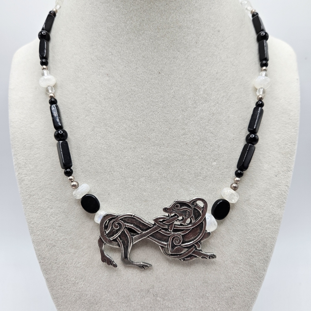 Viking Norse Lion Pendant Glass Black and White Necklace Sterling Silver Clasp